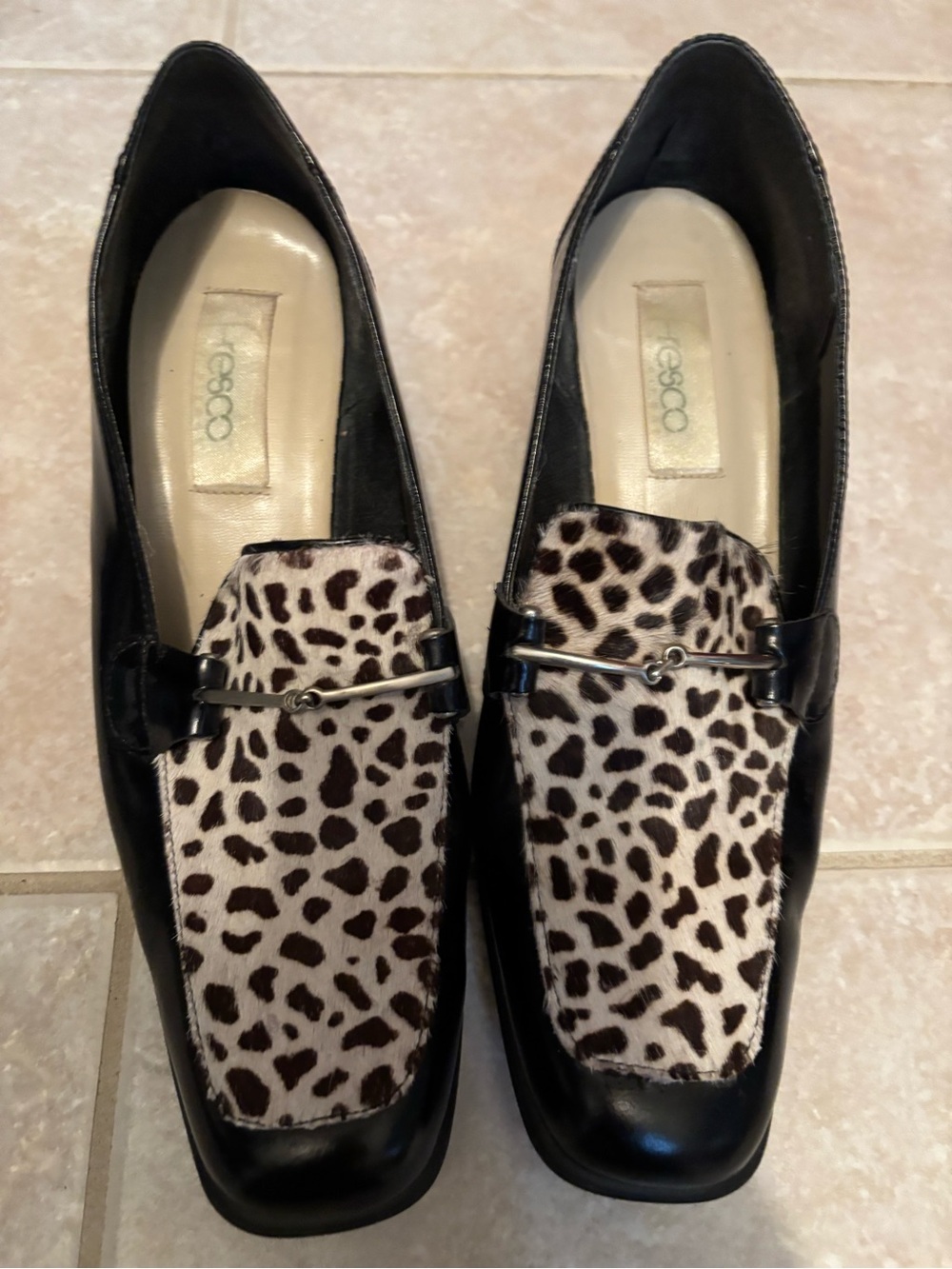 Black Leather Loafers with Leopard Print Accent